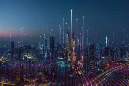 City skyline with a graphical overlay that represents interconnected networks