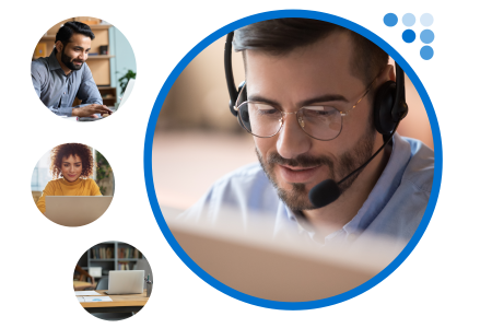 Composite image of a help desk technician supporting others using remote support software